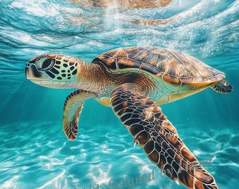 May include: A green sea turtle swims through clear blue water. The turtle has a brown shell with a pattern of light and dark brown markings. The water is clear and you can see the sandy bottom.