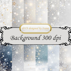 May include: A collection of digital backgrounds with a winter theme. The backgrounds feature a variety of designs with white and gold stars, snowflakes, and sparkling effects. The text "diVA designed by Ivana" and "Background 300 dpi" are displayed.