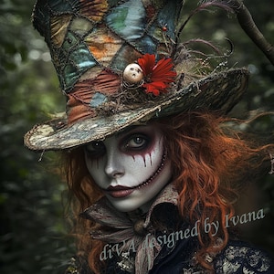 Può includere: Una donna con i capelli rossi e un sorriso cucito indossa un grande cappello di patchwork colorato con un fiore rosso e un viso di bambola. Il cappello è inclinato e gli occhi della donna guardano direttamente lo spettatore. Lo sfondo è una foresta oscura.