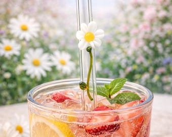 Glass Straw with Daisy Figure on it, Dishwasher Safe