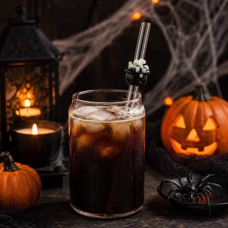 Witch Cauldron Glass Straw for Halloween Drinks, Handmade Spooky Straw ...