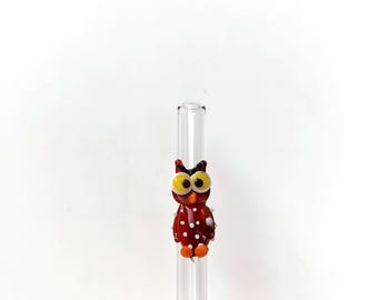 Hand Blown Glass Drinking Straw, Owl Figurine, Eco-Friendly