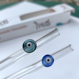 Straw, Evil Eye Glass Straw, Smoothee Glass Straws With Evil Eye, Handmade Wine Glass Straw, Wavy Glass Straw, Bent Glass Straws,