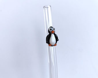 Glass Straw with Penguin Figure on It, Dishwasher Safe