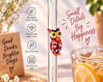 Hand Blown Glass Drinking Straw, Owl Figurine, Eco-Friendly