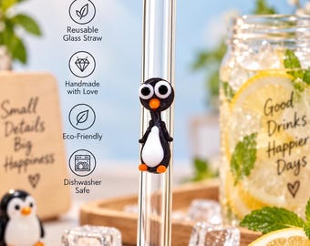 Glass Straw with Penguin Figure on It, Dishwasher Safe