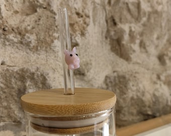 Paille en verre de cochon faite main, paille de smoothie réutilisable