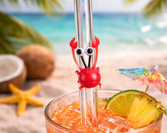 Glass Straw with Crab Figure on It, Dishwasher Safe