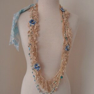 RESERVED for Kirra Shabby chic silk lace beaded necklace, boho beaded lace necklace, tea dyed lace bead necklace image 1