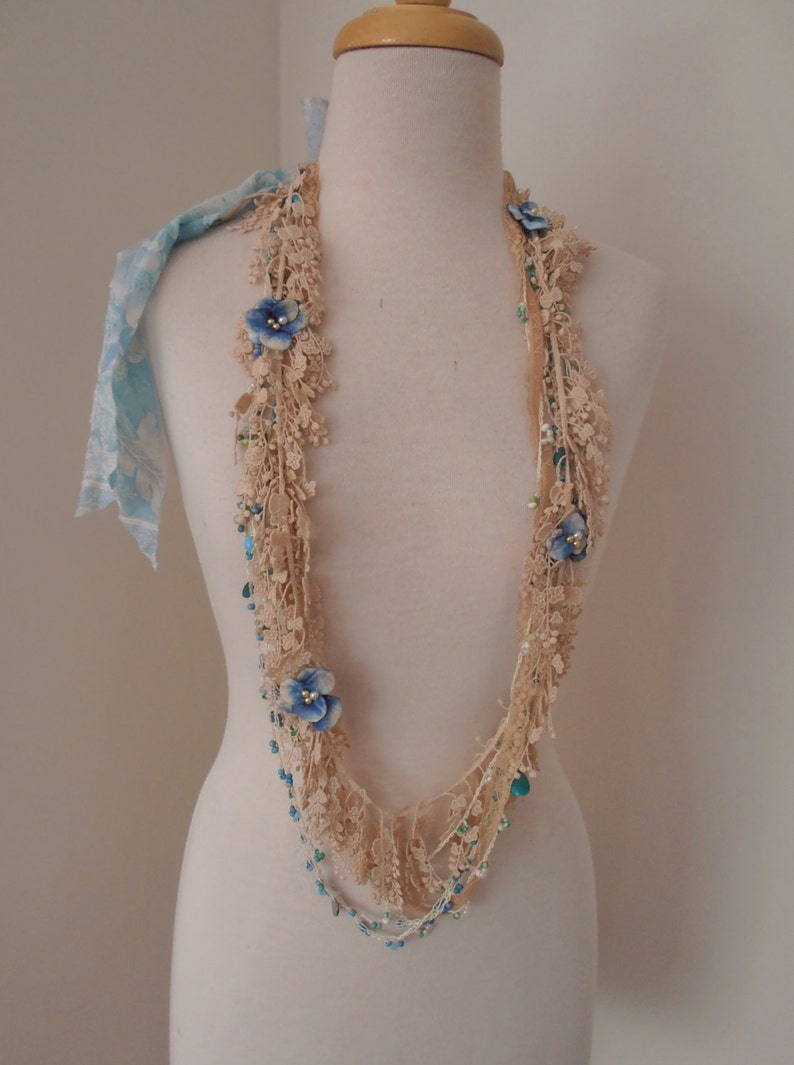 RESERVED for Kirra Shabby chic silk lace beaded necklace, boho beaded lace necklace, tea dyed lace bead necklace image 1