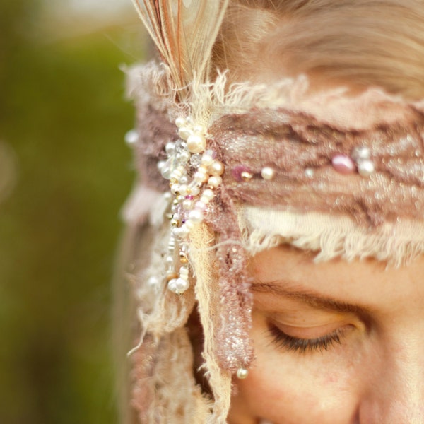Pale pink feather beaded headband,1920s influence headband. Rose Flapper headband, Boho flapper wedding head piece.