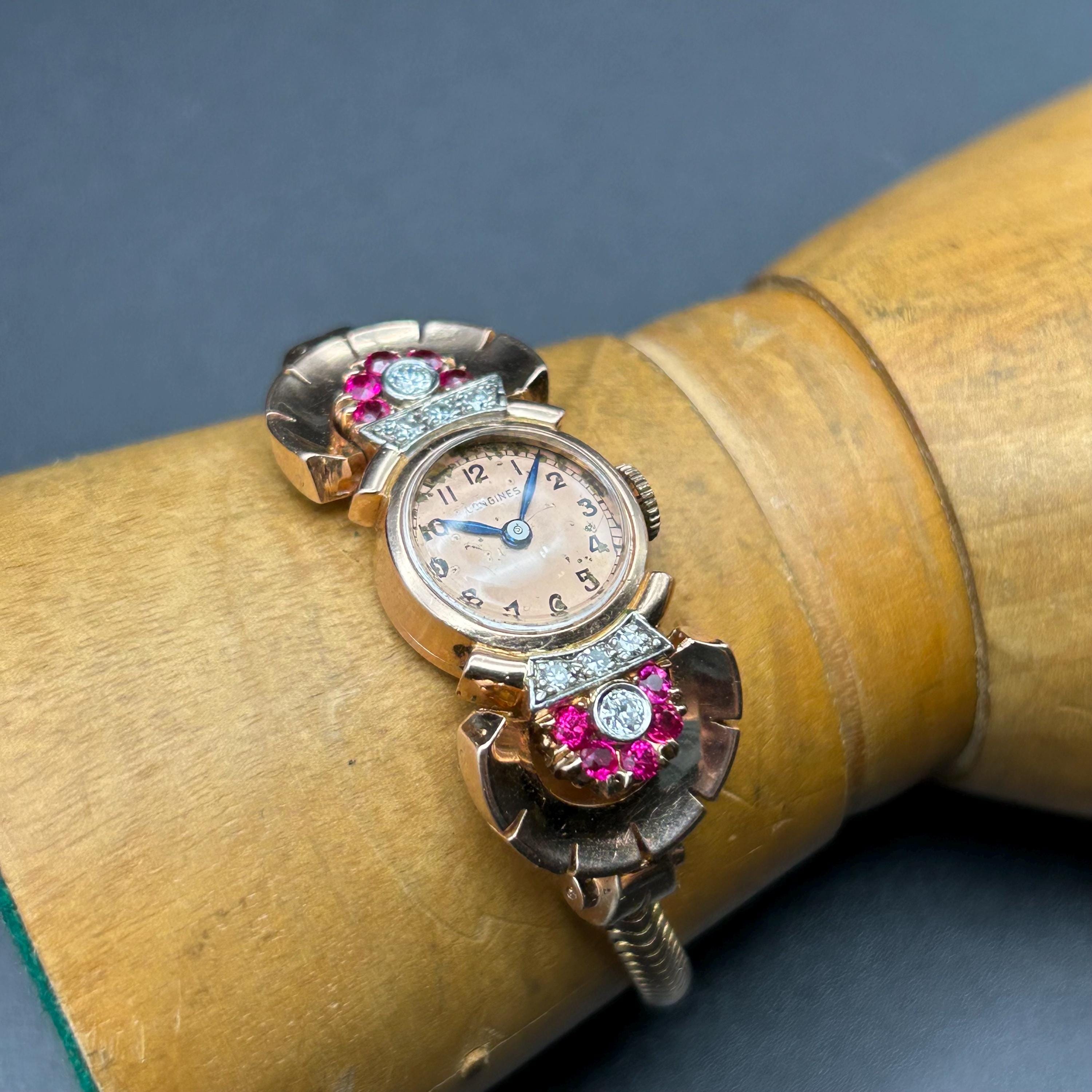 Montre Longines en or rose massif 14 carats, rubis et diamants, montre cocktail pour femme sur bracelet en or massif, montre de style Art déco - Cadeaux pour elle