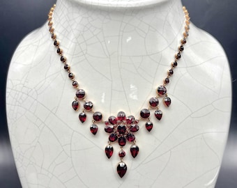Antique Victorian/Edwardian 19th Century 14k Rosecut Pigeon Blood Garnet Necklace Approx. 53cttw 18"