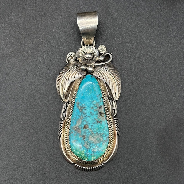 Vintage Navajo Robert Noreen Kelly Large Turquoise NA Sterling Pendant