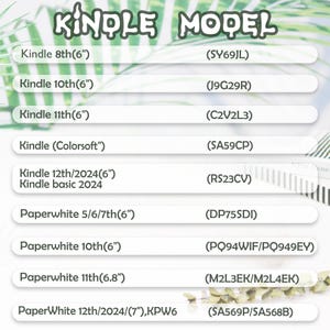 May include: A list of Kindle models with corresponding model numbers. The list includes Kindle 8th (6"), Kindle 10th (6"), Kindle 11th (6"), Kindle (Colorsoft"), Kindle 12th/2024 (6"), Paperwhite models, and more.