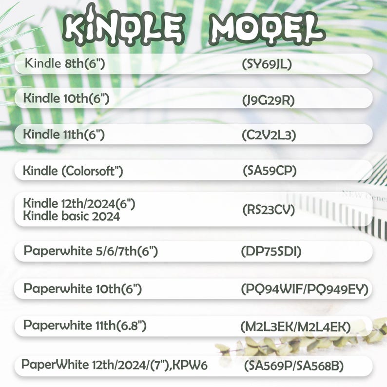 May include: A list of Kindle models with corresponding model numbers. The list includes Kindle 8th (6"), Kindle 10th (6"), Kindle 11th (6"), Kindle (Colorsoft"), Kindle 12th/2024 (6"), Paperwhite models, and more.