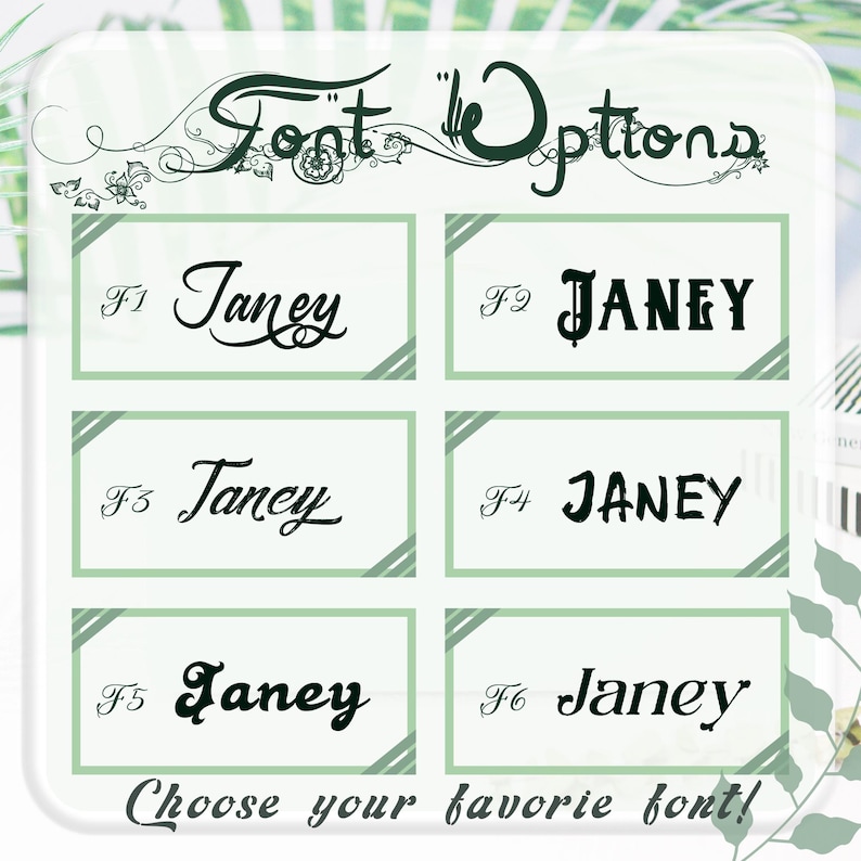 May include: A graphic showcasing six font options for the name "Janey". Each font is displayed in a rectangular box with a light green background. The text "Font Options" is at the top, and "Choose your favorite font!" is at the bottom.