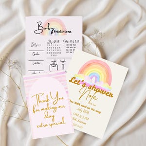 Modello di invito per baby shower in stile boho con biglietto di ringraziamento e gioco di previsione del bambino. Modello di invito modificabile. Invito per baby shower arcobaleno.