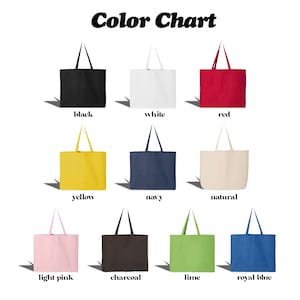 Puede incluir: Una carta de colores muestra nueve bolsas de mano en varios colores: negro, blanco, rojo, amarillo, azul marino, natural, rosa claro, carb&oacute;n, lima y azul real. El texto "Color Chart" est&aacute; en la parte superior.