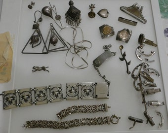 Vintage Sterling Silver & Some Gold Broken Jewelry Scrap / Repurpose Lot