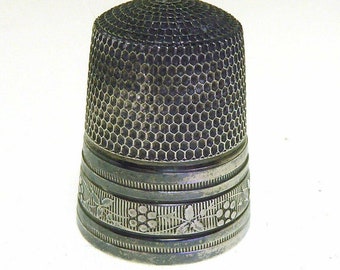 Antique STERLING SilverThimble Signed SIMON BROS Poison Ivy? & Flowers Sz 12