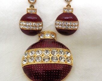 Beautiful Eisenberg Ice Enamel & Crystal Holiday Ornament Set - Red Christmas Ornament Brooch Matching Earrings