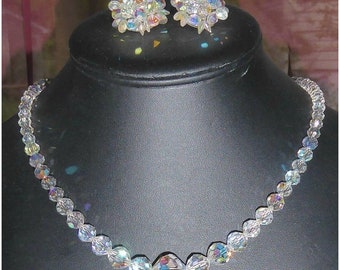 Aurora Borealis Crystal Party Wedding Earrings Necklace Set Vintage AB Set