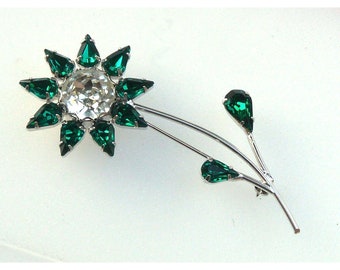 Sparkly Signed B David Flower Brooch With Green & White Crystals with Rhodium Plate