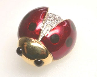 Signed Carolee Enamel & Crystal Ladybug Brooch