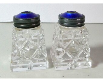 Vintage Norway Cut Glass and Cobalt Blue Enamel & Sterling Salt Pepper Shakers