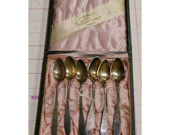 Antique Edwardian Era Denmark Silver Plate Coffee Spoons In Original Box VTA