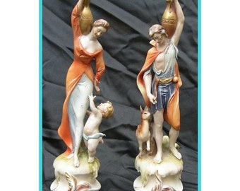 Antonio Borsato Paired Figures - Aphrodite & Dionysios Holding Jugs With Child and Deer