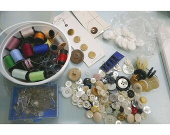 Lot of Usable Sewing Items Thread Buttons Pins