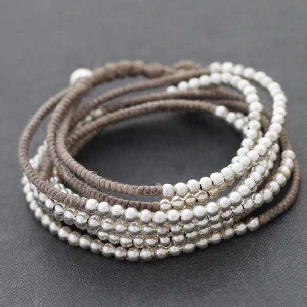 Silver Taupe Beaded Wrap Bracelet Necklace