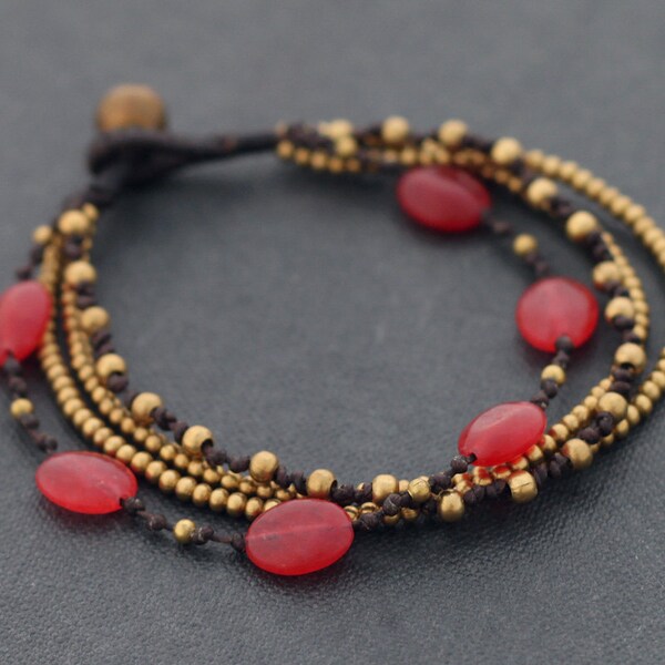 Red Jade Oval Chain Layer Bracelet