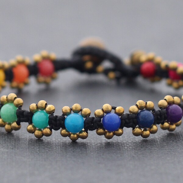 Stone Rainbow Beads Bracelets, Brass Beaded Bracelets Mini Daisy Rainbow Bracelets 