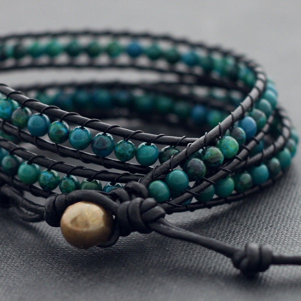 Leather Wrap Bracelets Chrysocolla Beaded Wrap Bracelet Woven Stone Hipster, Gemstone Wrap Bracelets, Wrap Beads Bracelets