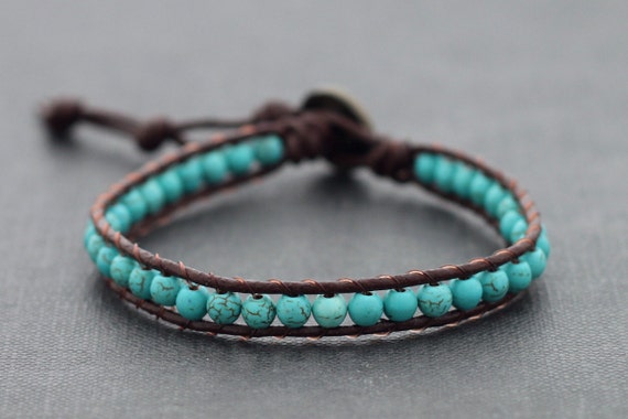 Turquoise Brown Leather Beaded Bracelet | Etsy