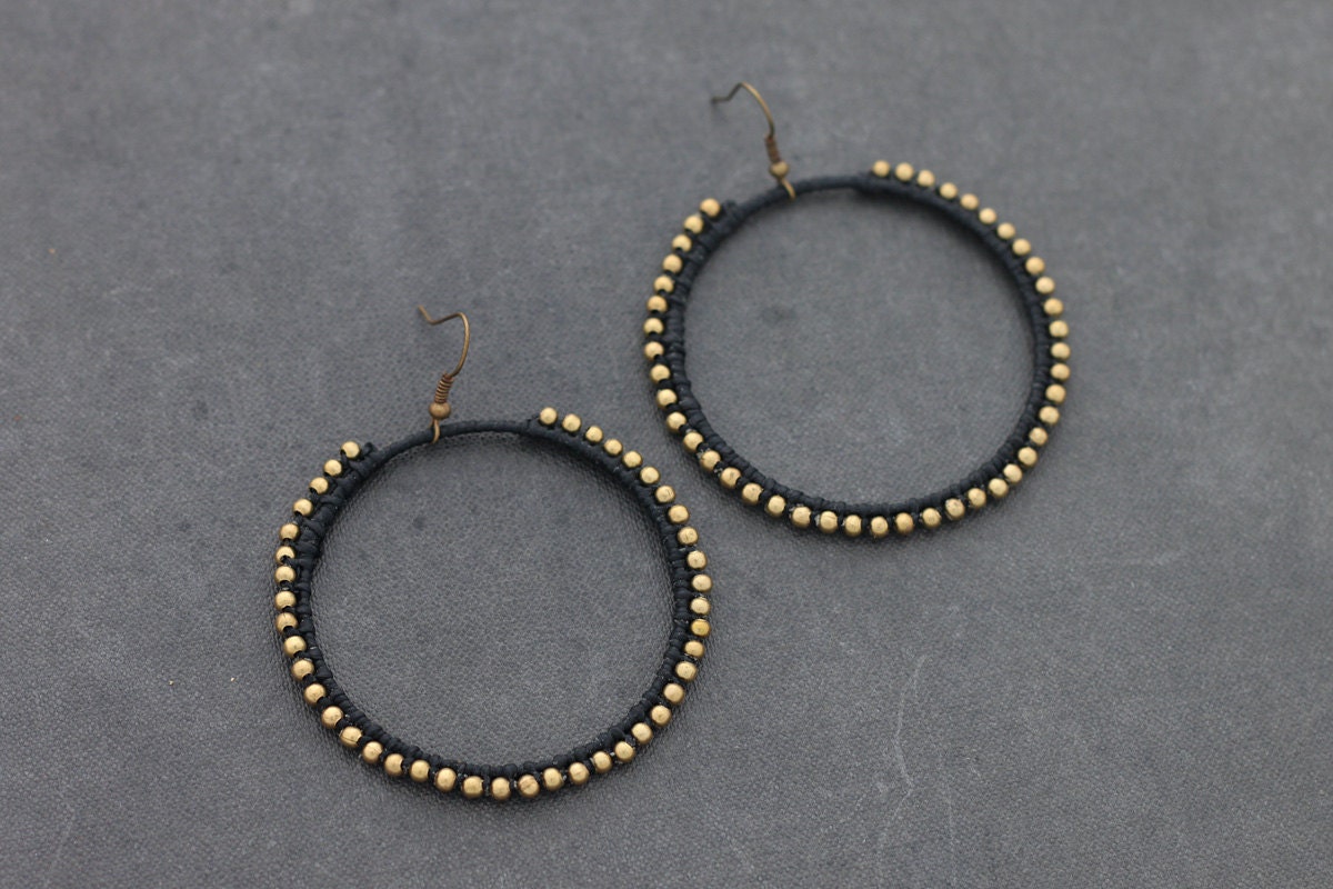 Black Basic Hoop Woven Earrings Etsy