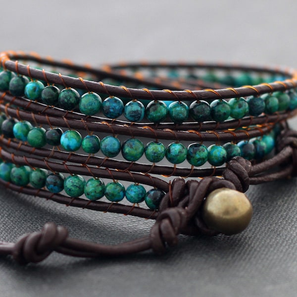 Chrysocolla Brown Leather Wrap Bracelet Beaded Stone, Stone Woven Stone Hipster Bracelets, Leather Stone Bracelets 