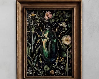 Vintage Botanical Scarab Print, Moody Cottagecore Beetle Art, Rustic Green Beetle with Wildflowers, Detailed Printable Wall Art 90
