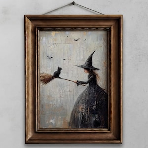 Rustic Witch with Black Cat - Printable Halloween Painting, Moody Vintage Wall Art, Cottage Decor, Spooky Autumn Scene, Digital Download 110