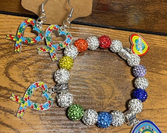 Handmade Autismus Bewusstsein Armband & Ohrring Set - Benutzerdefinierte Puzzle Stück Regenbogen Charme Schmuck - Autismus Pride Geschenk