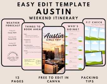 Austin Travel Itinerary Template Girls Trip Itinerary Template Birthday Weekend Local Austin Bachelorette Itinerary Template Canva Editable