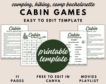 Cabin Trip Printable Games Summer Camp Bingo Girls Trip Camp Scavenger Hunt Camp Bachelorette Bingo Campfire Games Roadtrip Canva Template