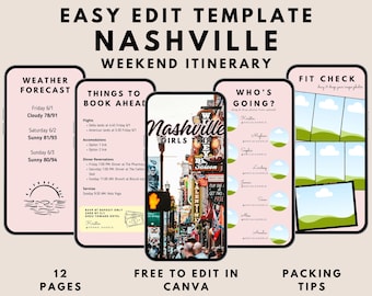 Nashville Travel Itinerary Template Girls Trip Itinerary Template Birthday Weekend Local Nashville Bachelorette Itinerary Template Canva