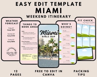 Miami Travel Itinerary Template Girls Trip Itinerary Template Birthday Weekend Local Miami Bachelorette Itinerary Template Canva Editable