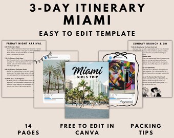 Miami Travel Itinerary Template Girls Trip Itinerary Template Birthday Weekend Local Miami Bachelorette Itinerary Template Canva Editable