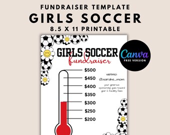 Girls Soccer Fundraiser Template Fundraising Thermometer Sports Team Donation Athletic Sponsorship | Fully Editable Canva Template