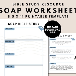 Puede incluir: Plantilla de hoja de trabajo de estudio bíblico SOAP imprimible en azul y blanco con las palabras "SOAP Bible Study" en la parte superior y secciones para Escritura, Observación, Aplicación y Oración.